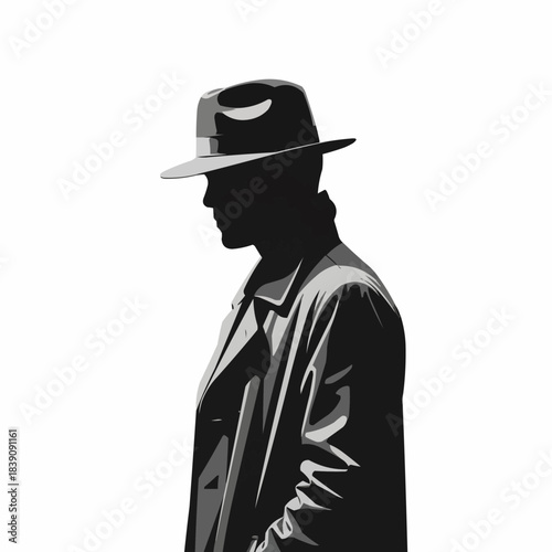 Silhouette of a Man in Hat and Trench Coat.