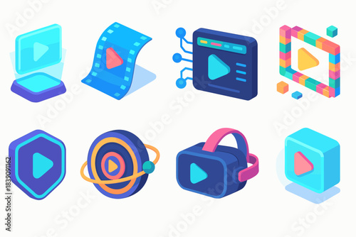 Multimedia, play 3d icon set. Video, audio, streaming, technology icons collection