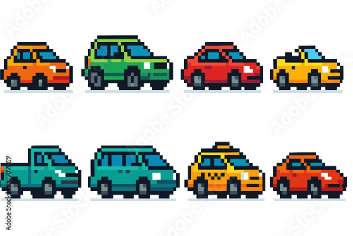 Pixel art car icon set. Vehicles, transportation, retro cars flat vector collection