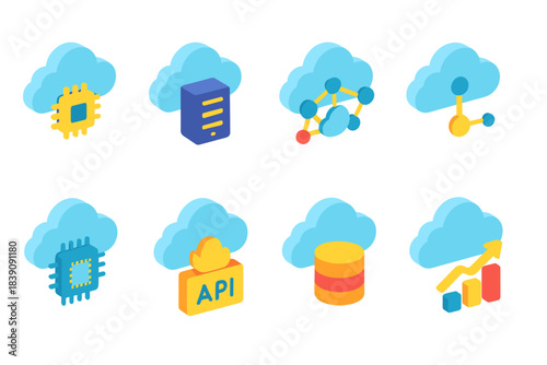 Cloud computing 3d icon set. Technology, network, data storage 3d icons collection
