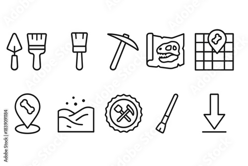 Archaeology, fossils line icon set. Excavation, paleontology tools outline collection