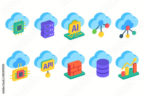 Cloud computing 3d icon set. Technology, data storage, ai, network graphics collection