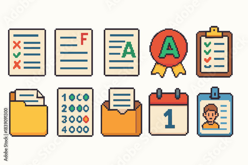 Education and office pixel icon set. Retro, school tools in 8-bit style