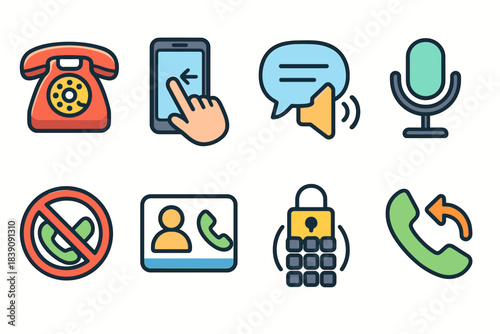 Communication, call flat icon set. Phone, message, microphone flat icons collection