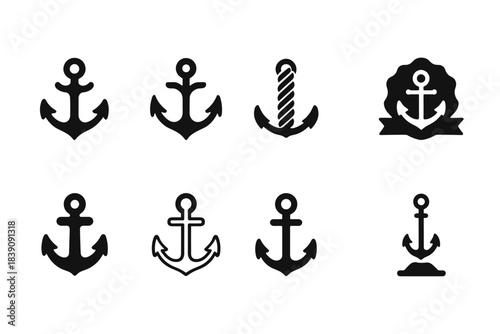 Marine anchor silhouette icon set. Nautical, sailing symbols in black silhouette style