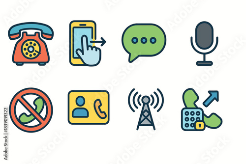 Communication, media flat icon set. Phone and message icons flat collection