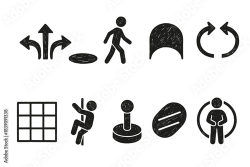 Navigation and movement icon set. Explore scratched silhouette direction icons.