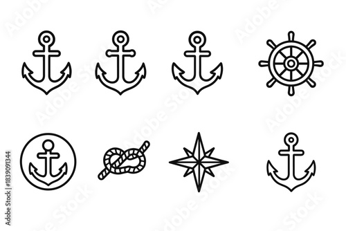 Nautical, marine line icon set. Anchors, ships, ocean outline icons collection