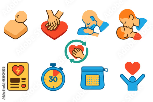 Cpr, first aid flat icon set. Emergency care and rescue icons