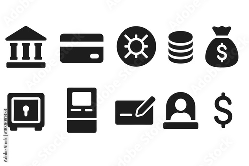 Banking, finance solid icon set. Money, security, payment icons solid collection