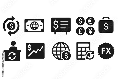 Currency and finance solid icon set. Money, exchange, investment symbols in bold style
