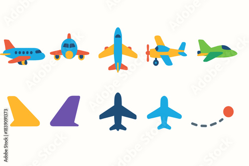 Airplane and aviation flat icon set. Aircraft, travel, and flight symbols collection