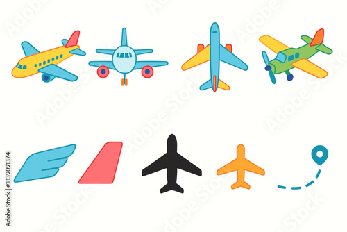 Aviation and airplane flat icon set. Flight, aircraft icons collection in flat style