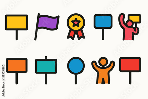 Protest, rally flat icon set. Demonstration, banner, flag symbols collection