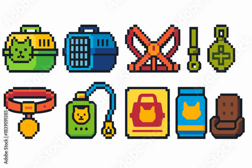 Pet supplies icon set. Pixel art icons collection for animal care and accessories
