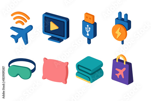 Travel and tech 3d icon set. Air travel, gadgets, and accessories icons collection