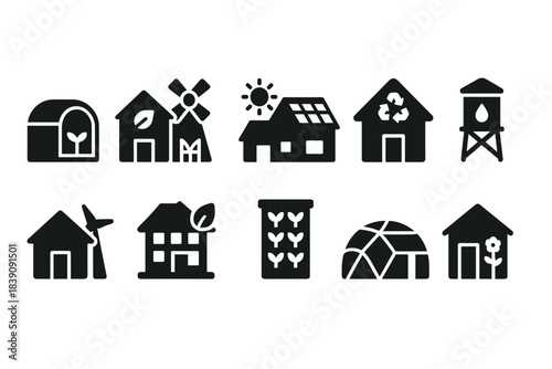 Sustainable living silhouette icon set. Eco-friendly, green energy icons silhouette collection