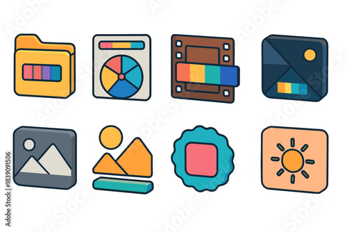 Photo editing app icon set. Colorful, flat style icons for digital creativity.