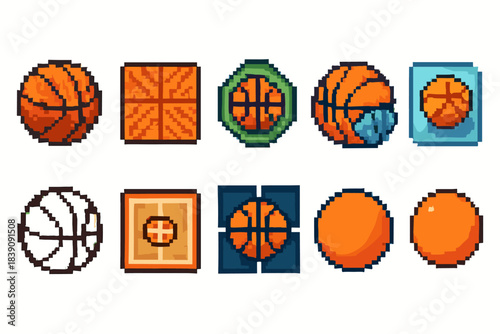 Basketball icon set in pixel art. Sport, game, basketball, retro style icons collection
