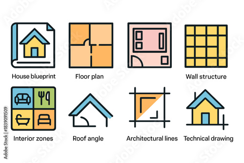 Blueprint and floor plan flat icon set. Architectural, technical drawing flat collection