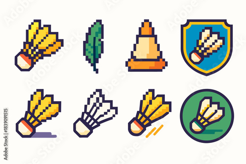 Badminton flat icon set. Shuttlecock, court equipment icons flat collection.