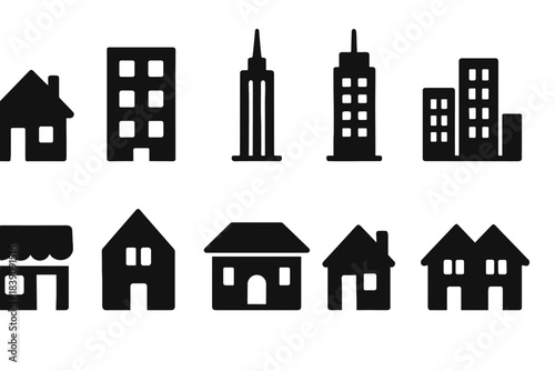 Building and home solid icon set. Architecture, real estate solid icons collection.
