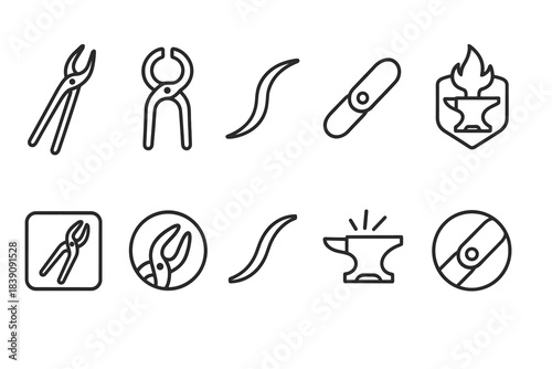 Blacksmith, craftsmanship icon set. Metalwork, tools linear icons collection