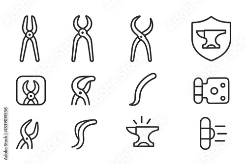 Gardening tools line icon set. Pruning, shield, anvil outline icons collection