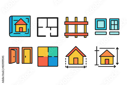 Architectural plan flat icon set. Blueprint, floor plan, building flat icons collection