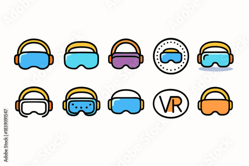 Vr headset flat icon set. Virtual reality, technology icons collection