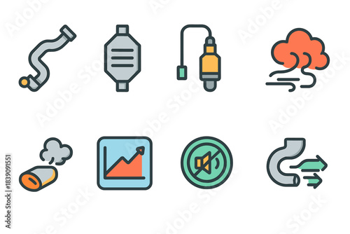 Car exhaust flat icon set for vehicle emissions and environmental awareness
