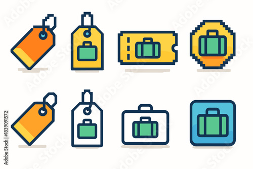 Luggage tags icon set, flat style. Travel, luggage, tag, identification flat icons.