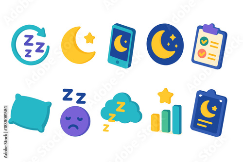 Sleep and bedtime flat icon set. Nighttime, moon, and zzz icons collection