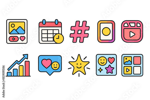 Social media outline icon set: engagement, content, digital communication