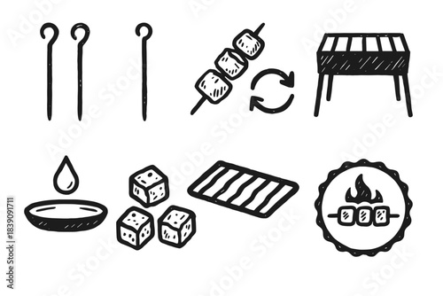 Barbecue, cooking skewer outline icon set. Grilling, outdoor bbq icons collection