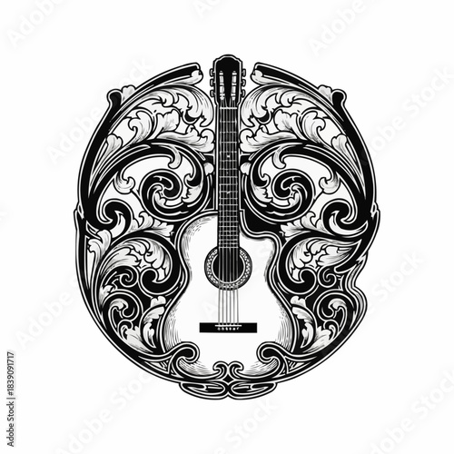 Ornate Guitar Illustration - A Fusion of Music and Art.