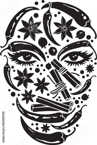 Face Composed of Spices and Vegetables mask chili peppers
