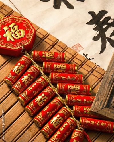 Vibrant red and gold Chinese New Year decorations are beautifully displayed on a bamboo mat, showcasing symbols of prosperity and good fortune, enhancing the festive ambiance for cultural celebrations