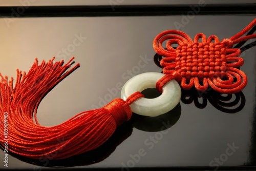 Decorative red tassel with intricate knot design and jade pendant, resting on a reflective black surface, showcasing traditional craftsmanship and cultural significance in ornamental accessories