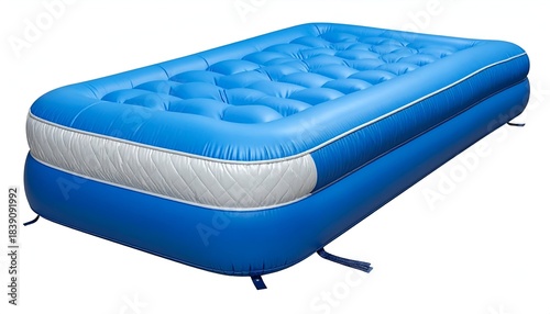 Blue inflatable air mattress with quilted top and white trim, angled perspective