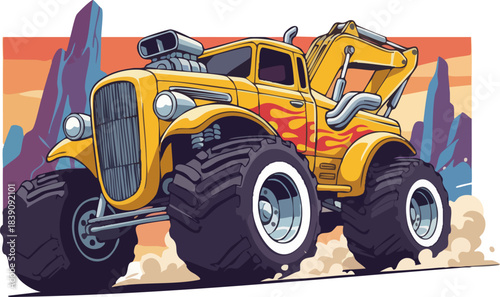 Custom Yellow Monster Truck Hot Rod Illustration with Flame Decals