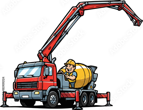Heavy Duty Concrete Pump Truck and Happy Operator Cartoon