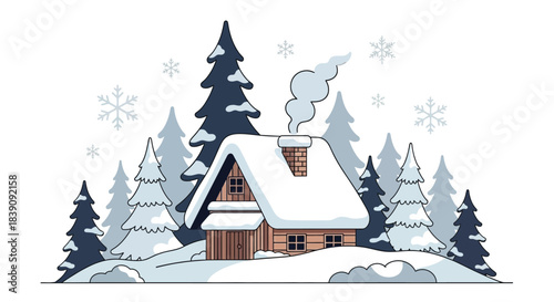 Cozy winter cabin nestled amidst snowy landscape with smoke rising from chimney.