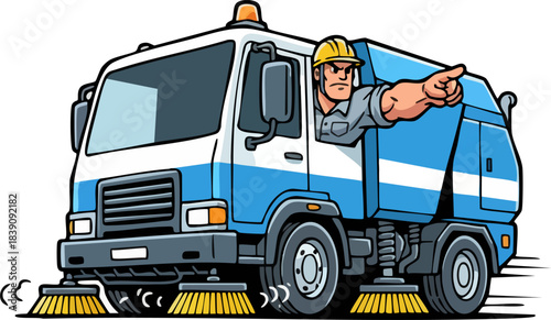 Cartoon Street Sweeper Truck and Determined City Worker