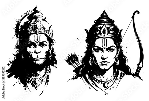 Lord Rama and Hanuman god portraits for Hindu religious festivals and mythology
