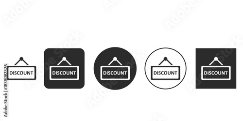 Hanging discount sign icon for sale announcements and promotions | Black and white vector illustration of clearance symbols | E-commerce shopping interface symbol for special offers and deals 