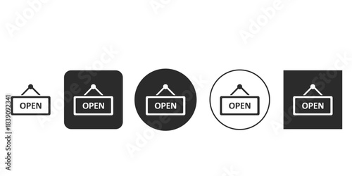 Hanging Open sign icon set in multiple styles | Black and white vector graphic of business hours status | Modern minimal open for business symbol for websites and apps