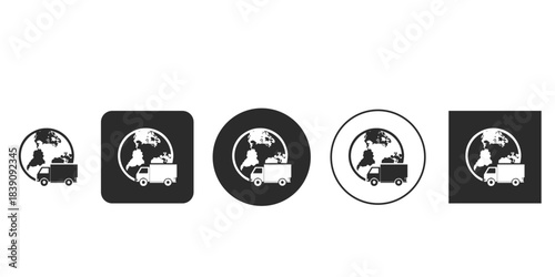 Global delivery truck icon set for logistics apps and websites | International shipping vector illustration of courier service | Worldwide freight transportation symbol black and white 