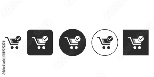 Shopping cart with checkmark completion icon for e-commerce websites | Successful purchase transaction approved symbol vector set | Confirmed order web button interface design element 