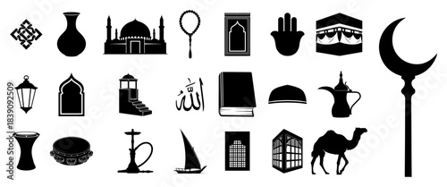 Islamic culture and religion icon set with mosque lantern kaaba and arabic traditional symbols black silhouette collection